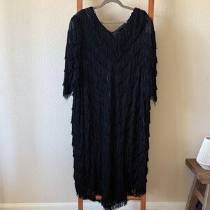 Vintage nightwork, V-neck Elegant Black Fringe Dress